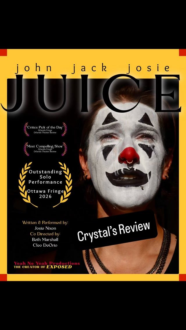 Poster for the solo show JUICE with a clown-faced performer